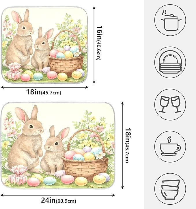 Cute Easter Bunny Rabbit Eggs Dish Drying Mat for Kitchen Counter Absorbent Microfiber Large Drying Pad Dish mats for Kitchen Countertops 18 x 24 Inch