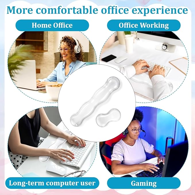 Clear Gel Wrist Rest for Keyboard and Mouse Soft Comfortable Wrist Support for Keyboard Cute Wrists Rest Set Suit for 60%/75% Keyboards and 14In Notebook Game Work(Transparent White)