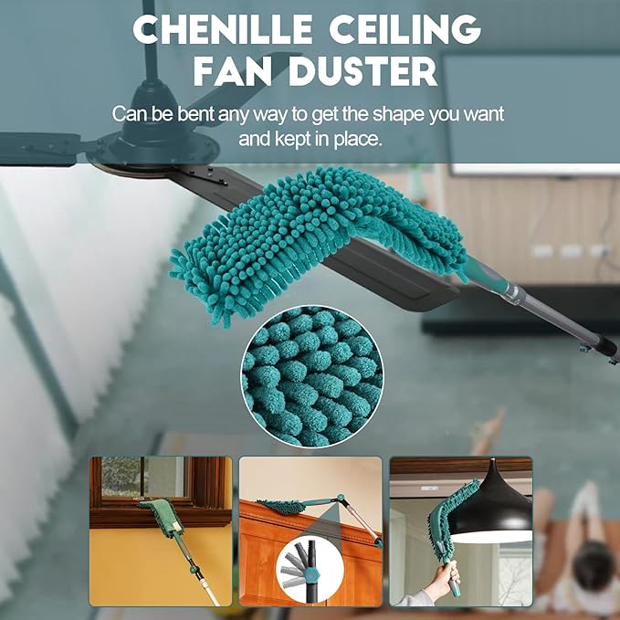 36 Foot High-Reach Duster Kit with 7-30FT Extendable Pole - High Ceiling Duster Cleaning Kit with Telescopic Pole,Cobweb Duster, Chenille Ceiling Fan Duster, Microfiber Feather Duster