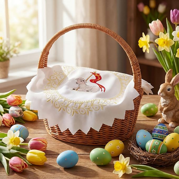 Polish Traditional Easter Embroidered Basket Cover Table Decoration Easter Religious Gift 13" Round Embroidered Cloth with Lamb Carrying Cross Flag for Meal Blessed Catholic Church Altar