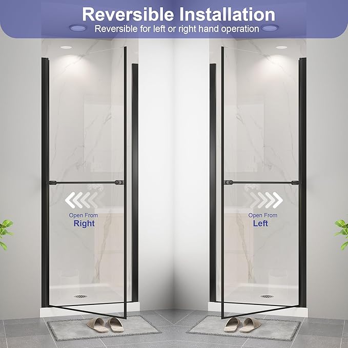 Frameless Pivot Shower Door 24"-26" W x 72" H with Nano Explosion-Proof Film Tempered Glass 1/4"(6mm) Reversible Installtion Swing Shower Glass Doors, Matte Black Finish