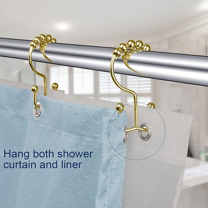 Shower Curtain Hooks,Sturdy Stainless Steel Double Sided Shower Hooks Rings for Bathroom Shower Curtain Rods Curtains Set of 12 Hooks - Gold