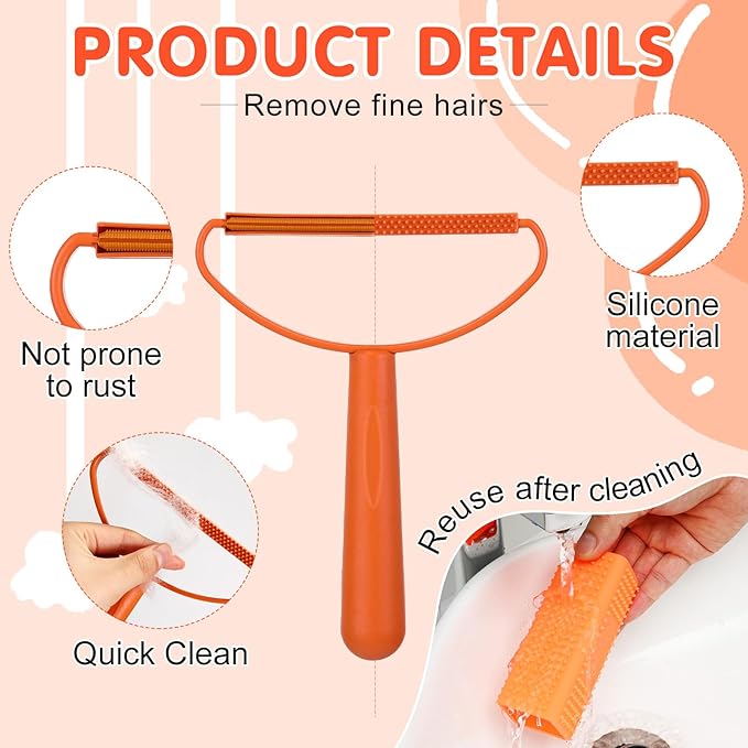 Honeydak 3 Pieces Hair Remover Tool Dog Hair Remover Pro Silicone Cleaner Brush Roller Fuzz Hairball Brush for Carpet Rake, Car Mat, Couch, Pet Bed, Clothes (Orange)