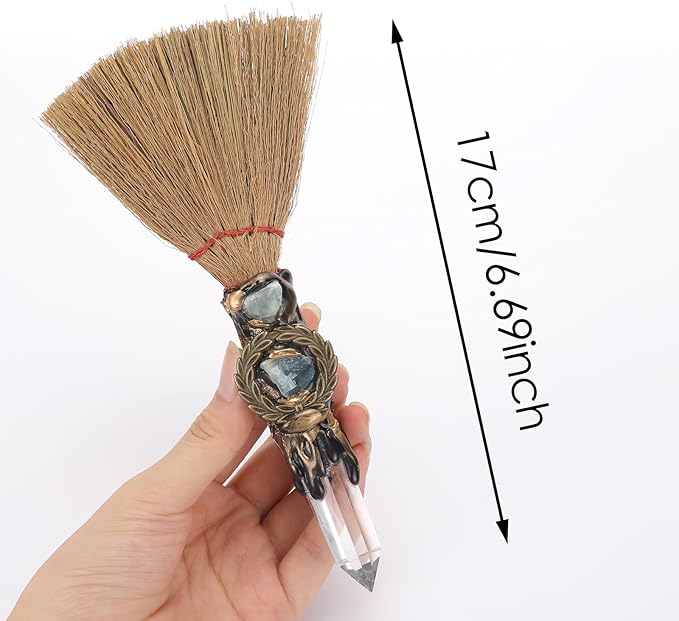 Witch Crystal Altar Broom - Natural Crystal Magic Broom for Wiccan Décor Halloween Costume Handmade 8 Inches Mini Witches Broomstick with White Crystal Stone for Cleansing Healing Feng Shui