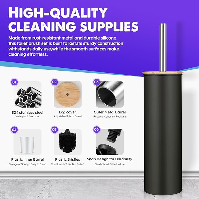Compact Toilet Brush & Holder,SetStainless Steel Handle Toilet Brush,Deep Cleaning,Durable Nylon Bristles,Splash-Proof Design(White&Black)