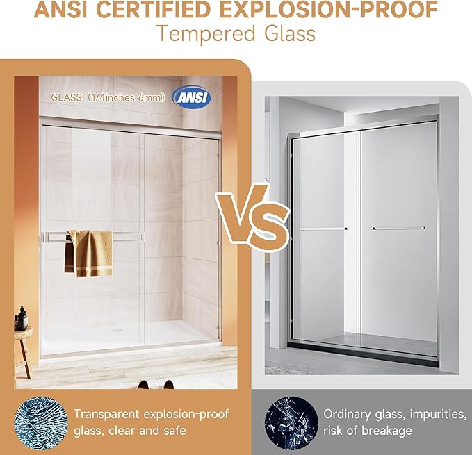 Shower Door 44-48 in. W x 72 in. H, UCALAFEE Semi-Frameless Double Sliding Shower Door with 1/4" (6mm) SGCC Clear Tempered Glass, Silent Soft-Close & Anti-Leak Walk-in Shower Door, Brushed Nickel