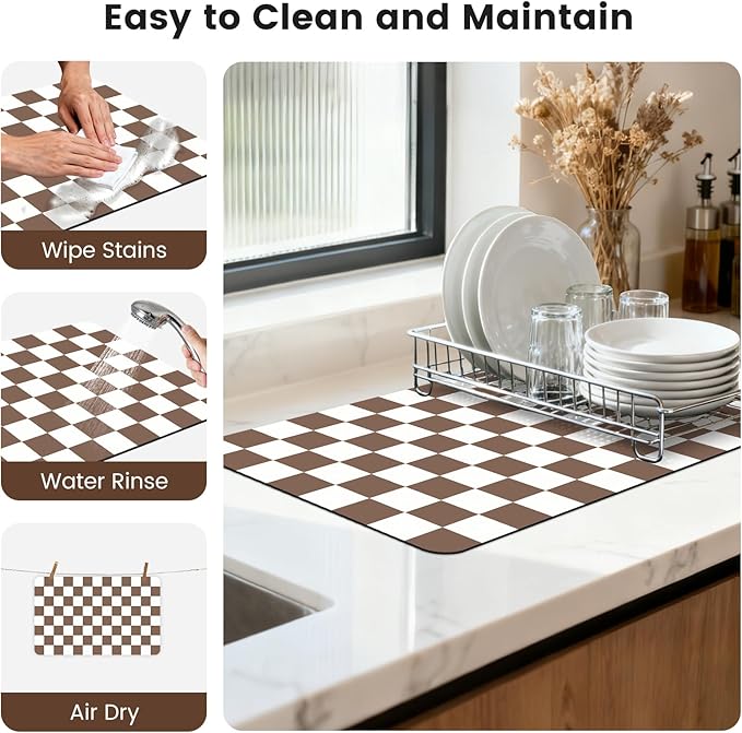 16" x 24" Checkered Dish Drying Mat for Kitchen Counter, Absorbent Coffee Bar Mat for Espresso Machine Coffee Countertops Accessories (Coffee Brown)