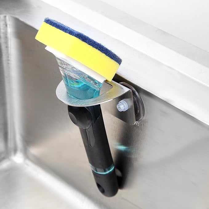 Stainless Steel Kitchen Sink Dish Brush Holder with Suction Cups,Scrub Brush Holder, Compatible with Various Dishwashing Brushes,Dish Wand Holder,Dishwand Sink Caddy,No Drill Rustproof Waterproof