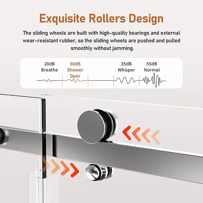 56-60 Inch Frameless Sliding Shower Door, 74" Height, 5/16" (8mm) Clear Tempered Glass, Smooth Gliding Track & Anti-Jumping System, Stainless Steel Chrome Finish