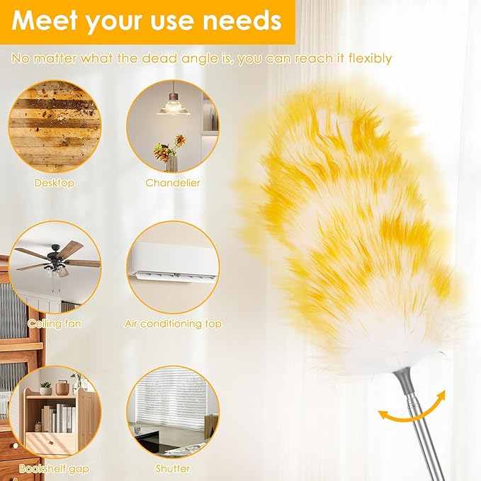 Lambswool Duster, 21"- 51" Extendable Feather Duster with 2 Brush, Long Feather Dusters for Cleaning Fans, Ceiling, Bookshelevs, for Home & Office
