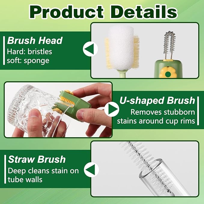 5 in 1 Bottle Cleaning Brush Set,2026 New Multifunctional Water Bottles Cleaner Brushs,Portable Long Handle Bottles Scrubber for Cup Lids,Hard Bristle Sponge Head Bottle Brushes (Green and White)