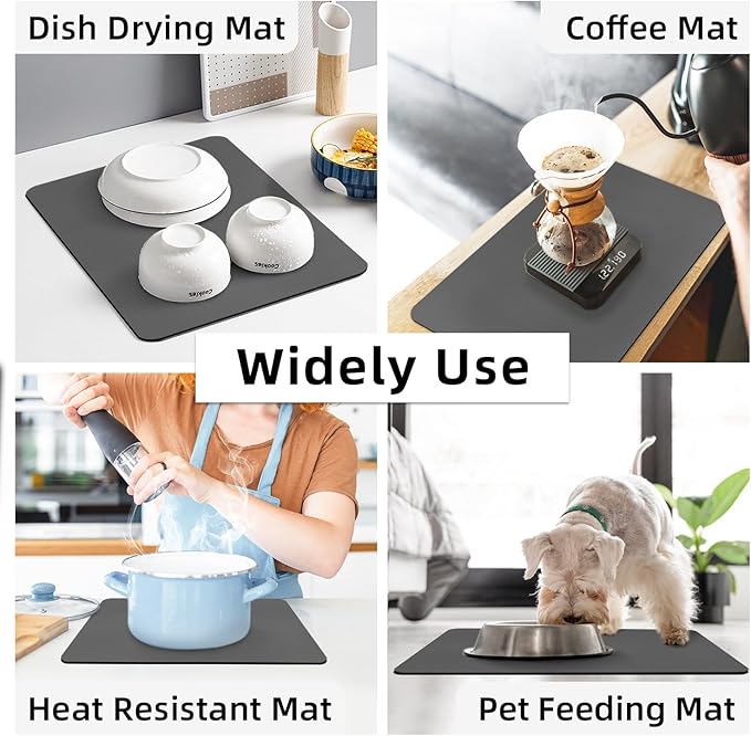 LOPNUR Kitchen Dish Drying Mat, 18"x16" Small Dish Drying Mats for Kitchen Counter, Super Absorbent Dish Drying Pad, Diatomite Coffee Mat Heat Resistant Mat with Anti-slip Rubber Backed, Grey