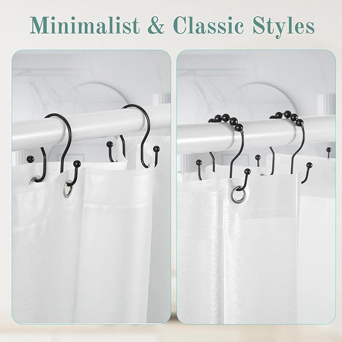 Goowin Shower Curtain Hooks, 12 Pcs Shower Curtain Rings, Stainless Steel Shower Curtain Hangers, Black Shower Curtain Hooks Rings Rust Proof, Minimalist Shower Hooks for Shower Curtain, Black