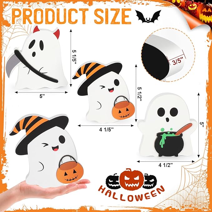 COCHIE Cute Ghost Halloween Decorations Indoor, Wooden Tiered Tray Decor Table Sign Set of 3, Black Cat Bat Witch Broom Signs Pumpkin Blocks for Party Home Shelf Display (C-Ghost)