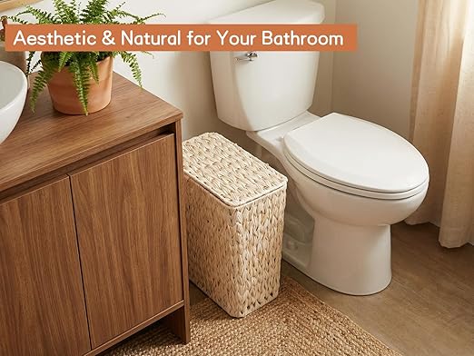 Wicker Trash Can with Lid and Liner,Boho Decotative Small Bathroom Trash Cans,Waterproof Slim Waste Basket for Bedroom,Home Office,3 Gallon Cream White