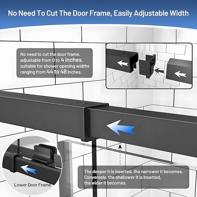 Pivot Glass Shower Door, 44–48" W x 71" H, 1/4"(6mm) Clear SGCC Tempered Glass, Matte Black Finish, Magnetic Closure, Reversible Installation