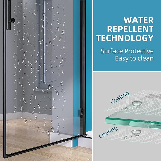 GETPRO Frameless Shower Door Pivot 34 in.W x 72 in.H Swing Single Small Shower Door with 1/4 in. Tempered Clear Glass Panel Adjustable Left Hinged Bathroom Door for Shower Matte Black Hardwares
