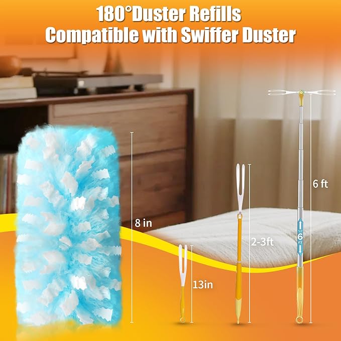 30 Count Duster Refills Compatible with Swiffer Duster, 180° Disposable Multi-Surface Microfiber Cleaning Dusters, Unscented
