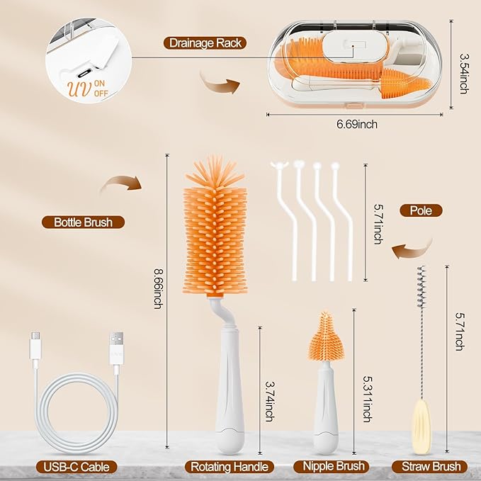 Bottle Brush Set,Travel Bottle Cleaner Kit with Baby Bottle Brush,UV Light,Straw Brush,Nipple Brush,Bottle Drying Rack for Home and Travel(Orange,Box-Shaped)