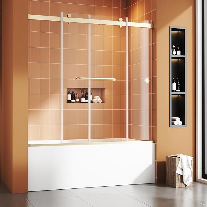 Bathtub Sliding Door 55"-60" W x 56" H Tub Shower Door, Frameless Bypass Bathtub Door Glass, Double Sliding Tempered Glass with Explosion-Proof Film Stainless Steel Gold