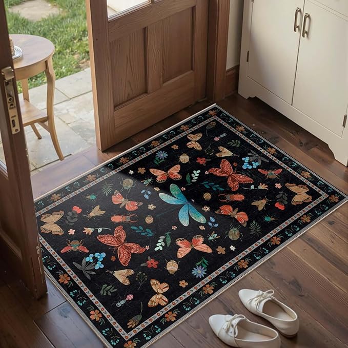 2x3 Washable Rug,Small Door Mat Floral Entryway Rug, Boho Front Door Mat, Non Slip Area Rugs, Low Pile Throw Accent Carpet for Indoor Entrance, Bathroom and Kitchen(Black 2x3ft)
