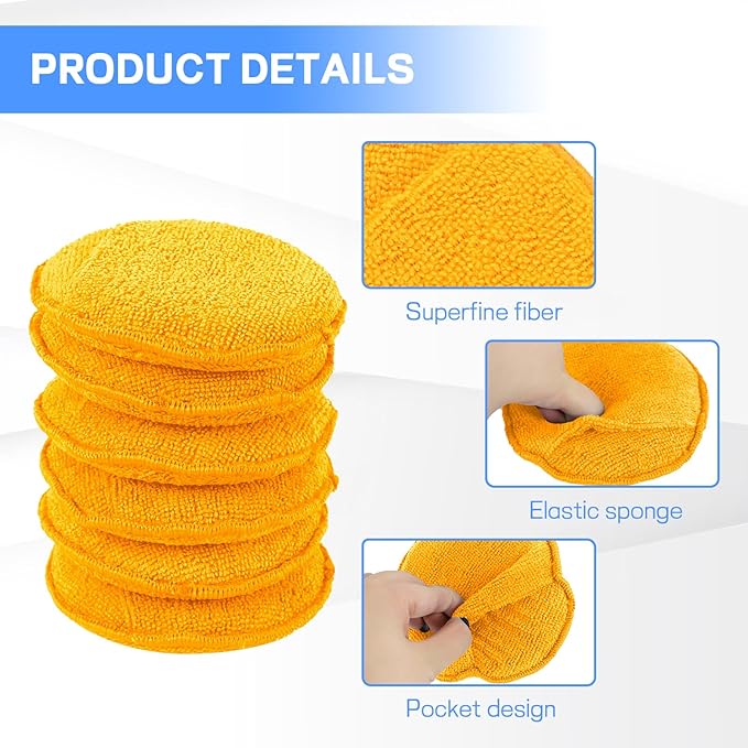 Hovom 6PCS Microfiber Wax Applicator, 5" Round Applicator Pads, Soft Automotive Waxing Foam Pads, Buffing Pads for Car Cleaning, Polishing and Detailing, Reusable Car Wash Sponge (Orange)