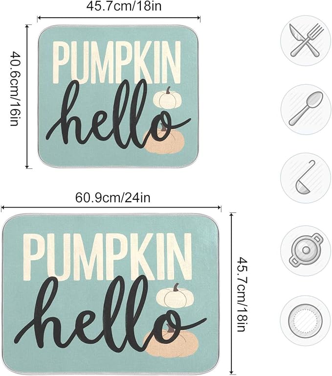 Hello Pumpkin Turquoise Fall Dish Drying Mat for Kitchen Countertop 16x18 Aqua Teal Autumn Small Drying Mat Reusable Quick Dry Dish Sink Mats Easy Clean Decorative Essentials