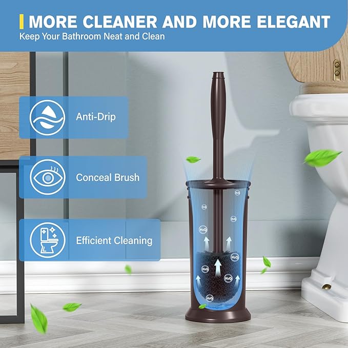 UPTRONIC Toilet Brush, Aluminum Alloy Toilet Brush and Holder Set with Long Handle Durable Bristles Toilet Bowl Brush and Covered Holder for Toilet Scrubber for Bathroom Cleaning (1, Brown)