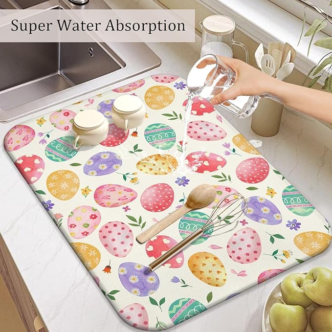 Easter Dish Drying Mat for Kitchen Counter,Happy Easter Cute Bunny Microfiber Drying Mat,Washable Absorbent Kitchen Countertop Dish Mat Drain Pad 18×24 Inch