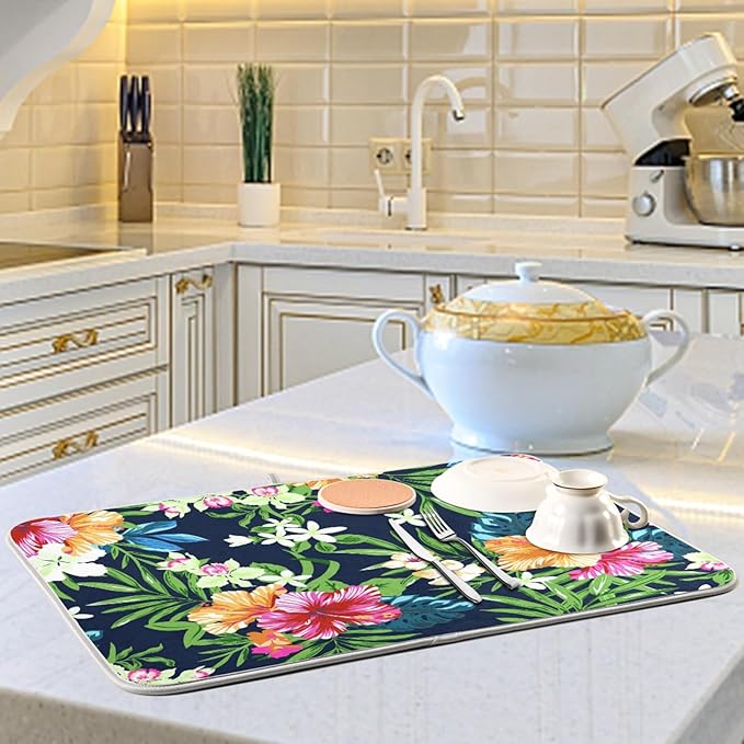 Tarity Colorful Tropical Flowers Dish Drying Mat for Kitchen Counter Absorbent Heat Resistant Microfiber Dishes Drainer Mat 16x18 in Dish Pad Sink Mat Protective Pad Kitchen Decor