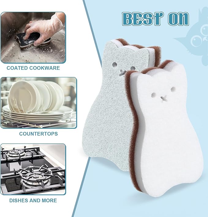 12 Pcs Cat Kitchen Sponges for Dishes Double Sided Cleaning Dish Scrub Sponge Bulk Reusable Non Scratch Scrubbers for House Cleaning Dishwashing(Cat,Grey,White,Blue,Black)