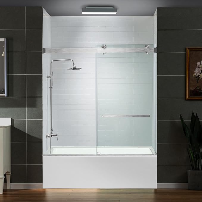 Woodbridge Frameless Bathtub Shower Doors 56-60" Width x 66" Height with 5/16"(8mm) Clear Tempered Glass, 2 Ways Opening & Double Sliding in Polished Chrome Finish