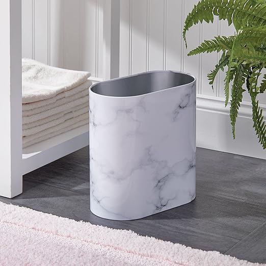 mDesign Slim Pill-Shaped Metal 1.98 Gallon/7 Liter Recycle Trash Can Wastebasket, Garbage Container Bin - Bathroom, Kitchen, Bedroom, Office - Durable Stainless Steel, Mirri Collection, White Marble