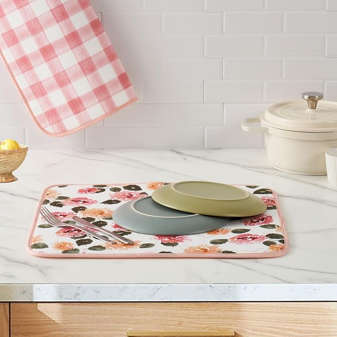 FRESHMINT Printed Dish Drying Mats for Kitchen Counter 2 Pack Absorbent Reversible Drying Mats Microfiber Kitchen Countertop Protector Dishes Drying Pad Extra Large 18"x16" Dish Mat (Floral)