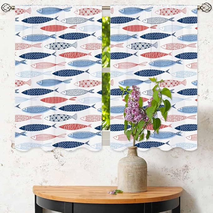 Fish Kitchen Curtains Abstract Colored Fashion Blue Red Pink Striped Wildlife Short Tier Curtains for Bathroom Cafe Small Window Drapes Treatment 2 Panels (27.5x39 Inch)