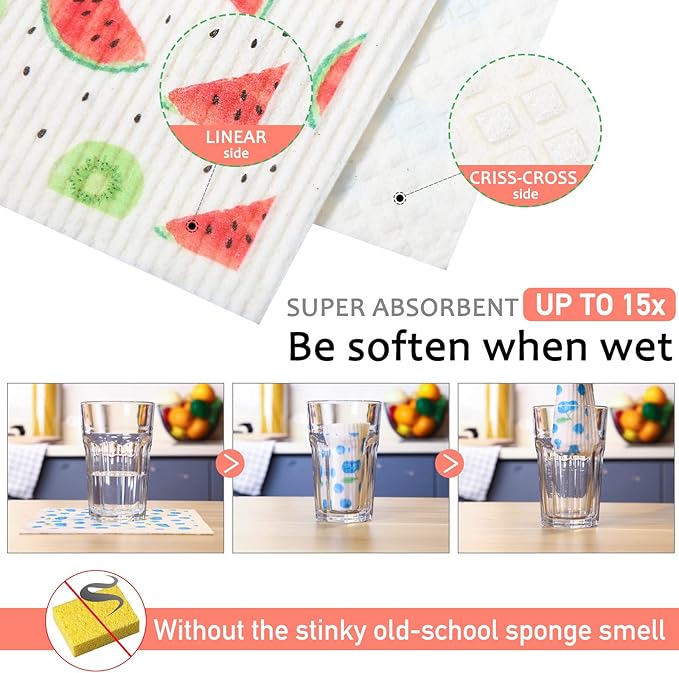 Patelai Mixed Fruit Swedish Kitchen Dishcloths Reusable Dish Towels Absorbent and Fast Dry Cleaning Cloths for Kitchen Blueberry Cherry Strawberry Lemon Pineapple Watermelon Cleaning Wipes (12 Count)
