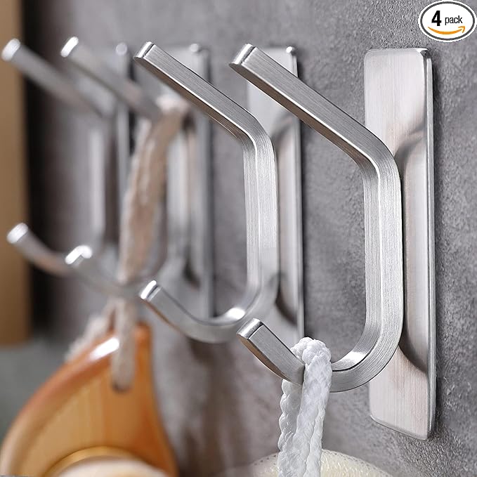 Taozun Upgraded 4-Pack Brushed Stainless Steel Adhesive Hooks - Stylish Bathroom & Coat Hooks Holder for Towels, Robes