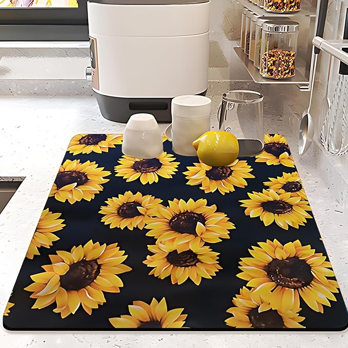 Dish Drying Mat Foldable Fall Kitchen Drying Mat Absorbent Sink Mat Multi-Purpose Coffee Pad Easy To Clean,Kitchen Gadgets,sunflower decor(sunflower) (16inches*24inches)