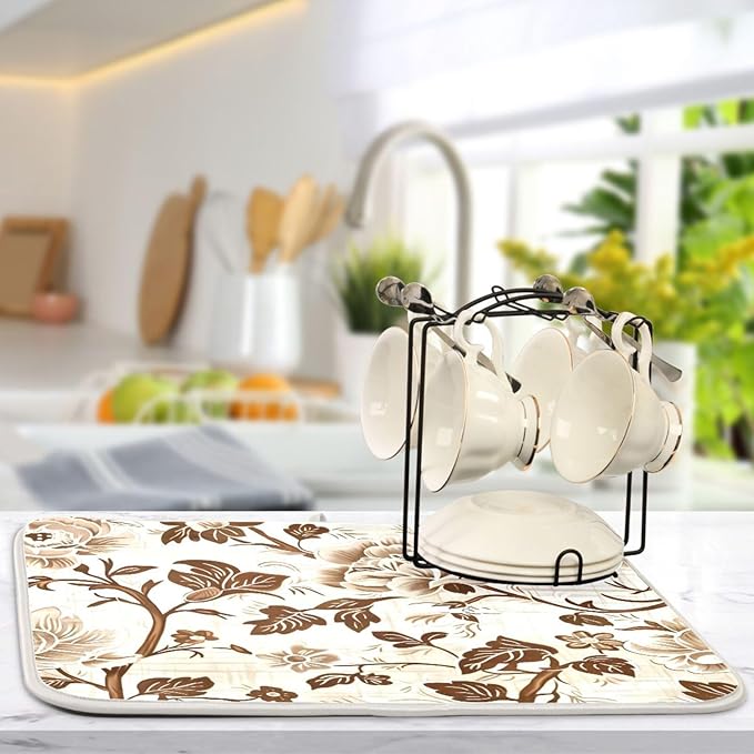 Brown Beige Floral Leaves Dish Drying Mat for Kitchen Counter Absorbent Microfiber Drying Pad, Large 18x24 in