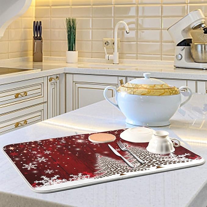 Christmas Tree Dish Drying Mat 18x24 inch Xmas New Year Snowflake Wooden Dish Drainer Kitchen Counter Mats Bottles Dish Dry Pad Protector for Kitchen Countertops
