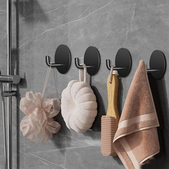 Adhesive Hooks for Bathrooms, 4 Piece Towel Hooks for Hanging Hat Robe Coat, Stick on Hooks for Kitchens, Strong Self-Adhesive No Damage Waterproof Stainless Steel Sticky Hook (Black)