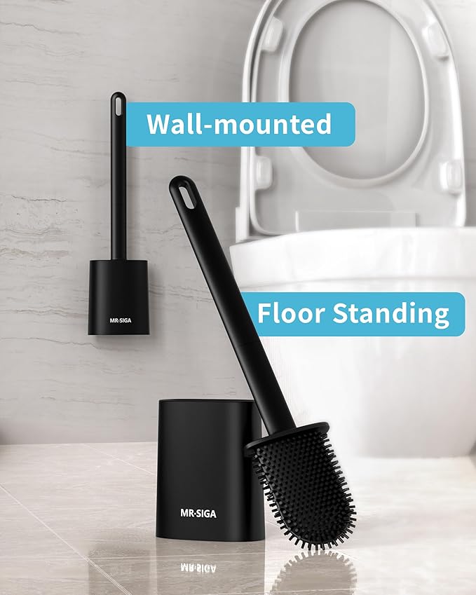 MR.SIGA Toilet Brush and Holder Set, Wall Mounted Toilet Bowl Brush, Compact Toilet Scrub Brush with Holder for Bathroom, Black, 2 Pack