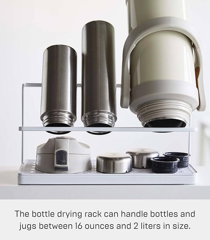 YAMAZAKI Home Tower Countertop Two Tier Bottle Drying Rack, Wide Jug Storage Stand with Drainage Tray for Kitchen Counter for Glass Metal Or Plastic Bottles - Steel