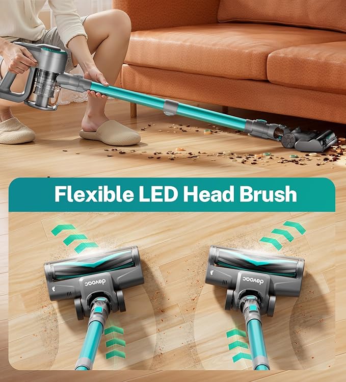 DEVOAC Cordless Vacuum Cleaner, Ultra-Lightweight Stick Vacuum, 2200mAh Battery Up to 40mins Runtime, 6 in 1 Powerful Handheld Vacuum for Home Hard Floor Carpet Pet Hair (Waterfall)