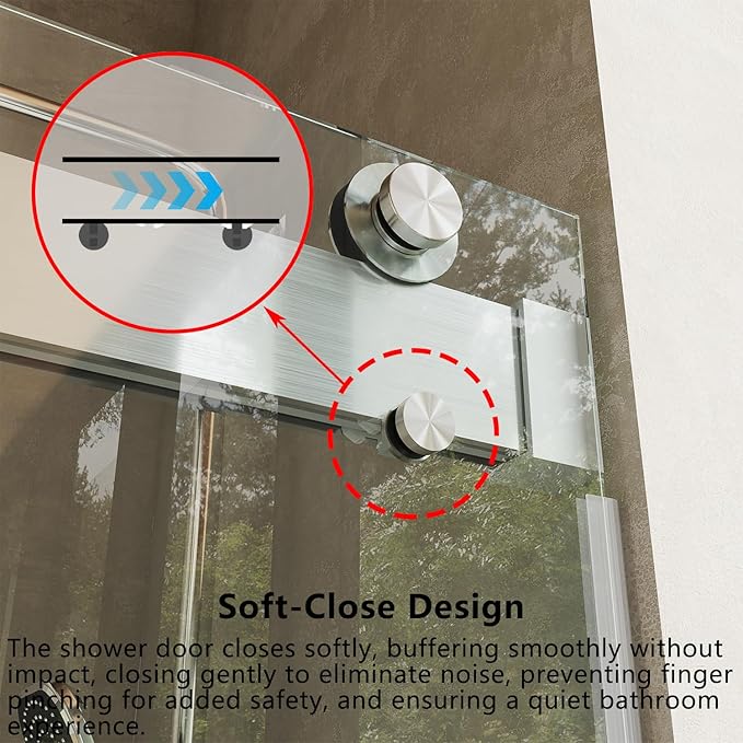 Frameless Soft Close Shower Door, 56"-60 "W, 72 "H, 3/8" (10mm) Clear Tempered Glass, Double Sliding Doors, Brushed Nickel Finish.