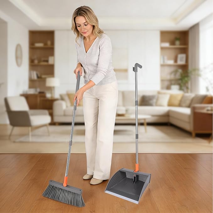 Ease of Assembly Broom and Dustpan Set, Self Cleaning with Metal Dustpan Teeth, Indoor&Outdoor Sweeping, Ideal for Dog Cat Pets Home Use, Stand Up Broom and Dustpan, Orange&Grey