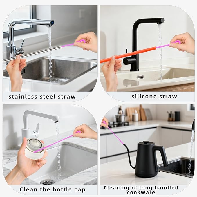 Silicone Straw Cleaner Brush, 4-Piece Reusable Straw Brush Set with Extra-Long Design for Cleaning Thin Metal Straws and Wider Milkshake Straws （6mm+9mm Purple)