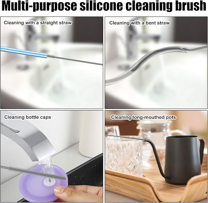 2pcs Silicone Straw Cleaner Brush, 9.45in Extra Long Straw Cleaning Brush for Metal Glass Straight Bent Pipe Long Mouthed Pots Kitchen Gadgets Essential Accessories