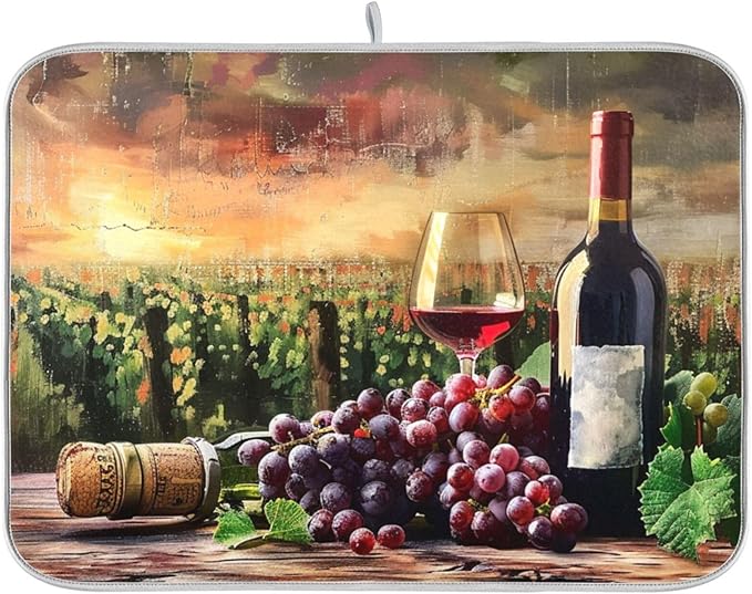 Grapes Wine Glass Bottle Dish Drying Mat for Kitchen Counter Absorbent Microfiber Drying Pad, Medium 16x18 in