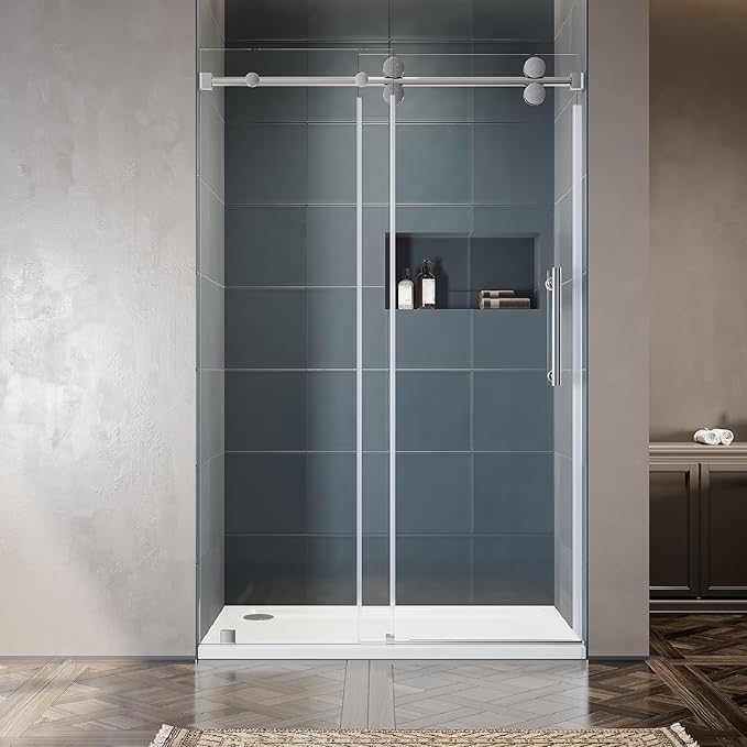 46-49 Inch x 80 Inch Sliding Frameless Shower Door, 3/8" Tempered Glass with Easy-Cleaning Coating, Stainless Steel Rollers & SGCC-Certified Stability, Bright Chrome
